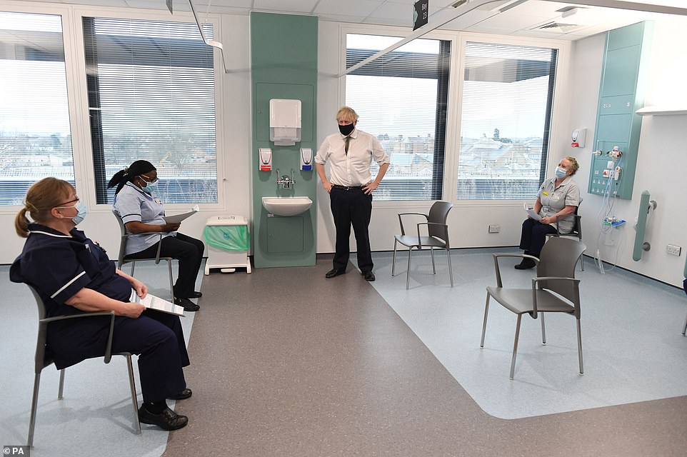 Boris Johnson speaks to NHS staff waiting to be vaccinated against coronavirus during a visit to Chase Farm Hospital earlier today ast he NHS is ramping up its vaccination programme