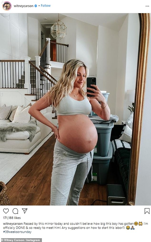 'Passed by this mirror today and couldn’t believe how big this boy has gotten,' she wrote. 'I’m officially DONE & so ready to meet him! Any suggestions on how to start this labor?!'