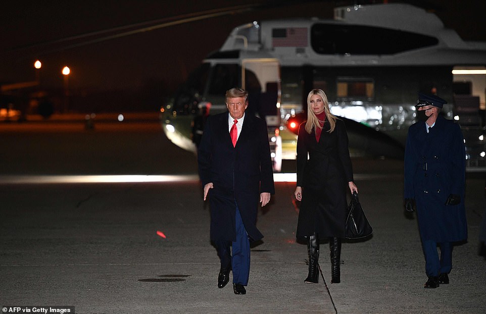 Trump, accompanied by his daughter and Senior advisor to the President Ivanka Trump, makes his way to board Air Force One before departing from Andrews Air Force Base in Maryland