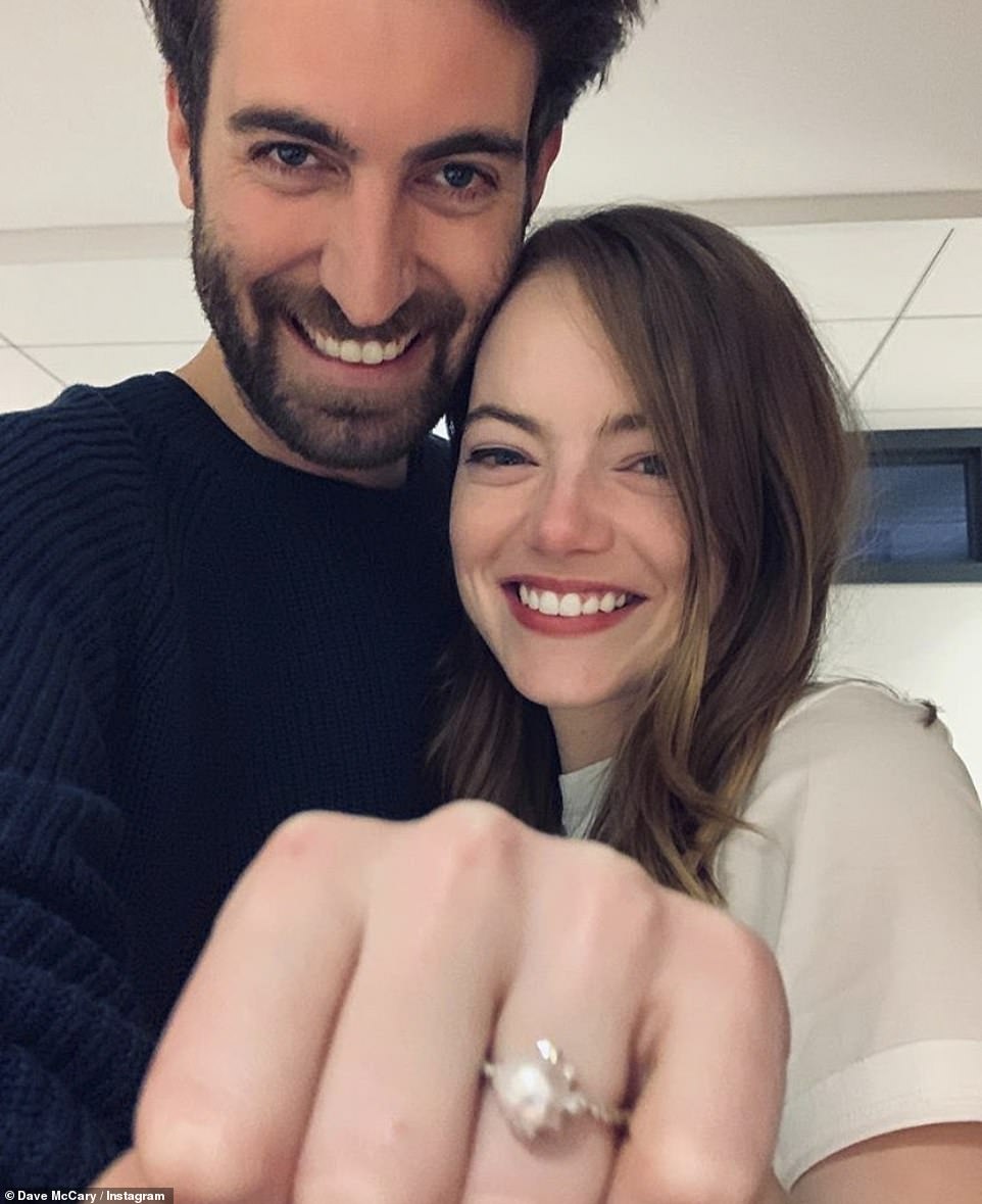 The actress, 31, and the SNL alum, 35, announced their engagement December 2019 in a sweet social media post, as Stone showed off her stunning diamond and pearl ring