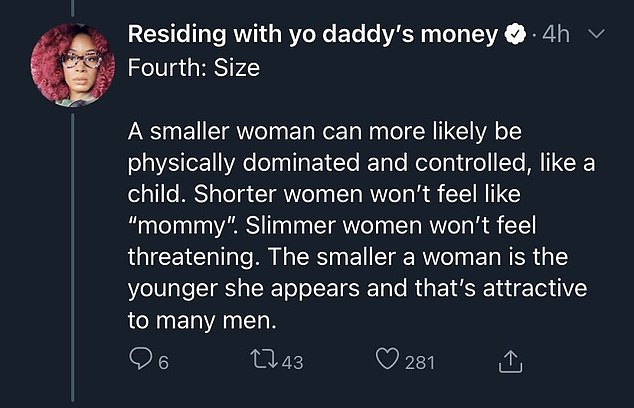 Hot take: She also mocked short women for 'not knowing' that, adding: 'The smaller a woman is the younger she appears and that's attractive to many men'