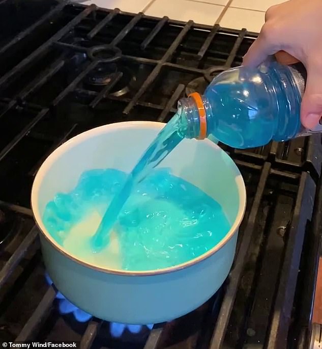 Blue Gatorade (pictured) is the star ingredient, which is used to cook the pasta and make the blue pasta sauce
