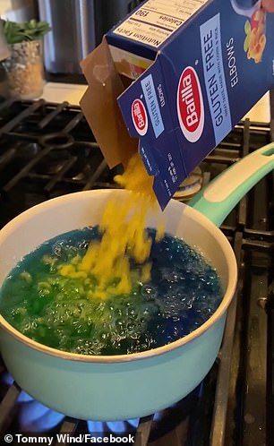 The pasta is added to the boiling blue Gatorade (pictured)