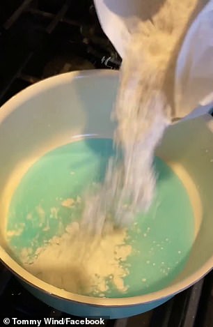 Flour is slowly added to the Gatorade to make a sauce (pictured)
