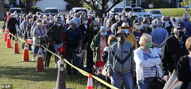 Cape Coral residents wait in line to receive a COVID-19 vaccine last Wednesday morning