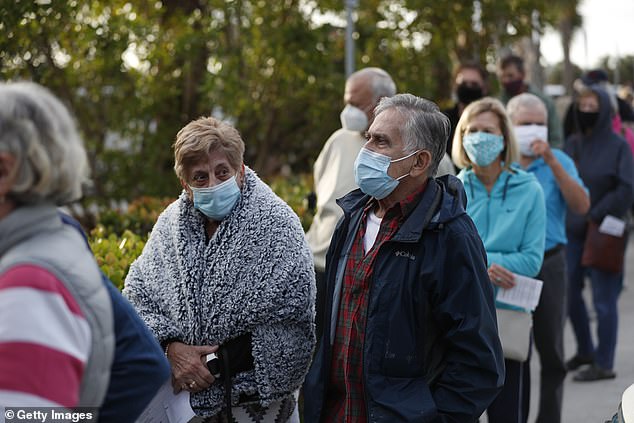Seniors and first responders wait in line to receive a COVID-19 vaccine at the Lakes Regional Library on December 30, 2020 in Fort Myers, Florida. There were 800 doses of vaccine available at the site