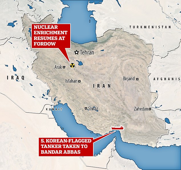 The tanker was seized near the sensitive Strait of Hormuz (as shown on the map), as Iran announced that it was resuming uranium enrichment to 20 per cent