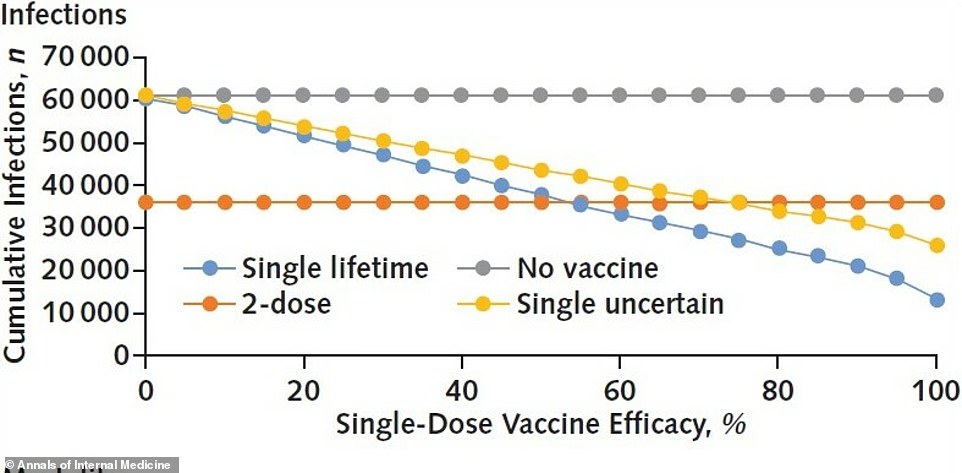 Studies from Yale University and the University of Washington found that one dose of the coronavirus vaccine (yellow and blue lines) is about 50% effective, which could help reduce the number of infections