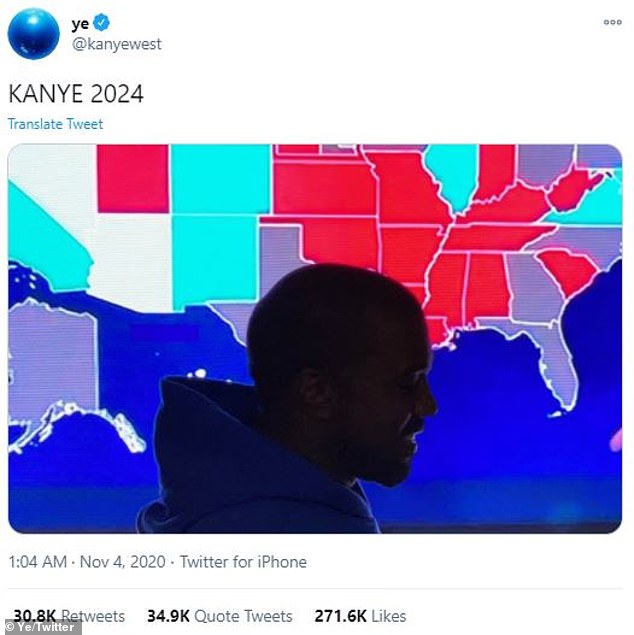 Absent: Kanye hasn't been active on Twitter since election week where he suggested he'll be running for POTUS again in 2024