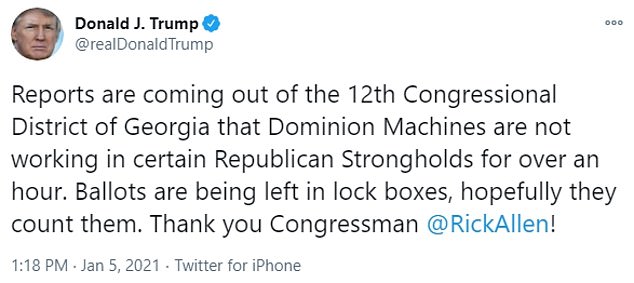 Immediately after news of smaller-than-expected Election Day turnout emerged, Trump sent an inevitable claim via tweet that Dominion voting machines were malfunctioning – the same claim he uses to assert he actually won Georgia in the presidential contest in November