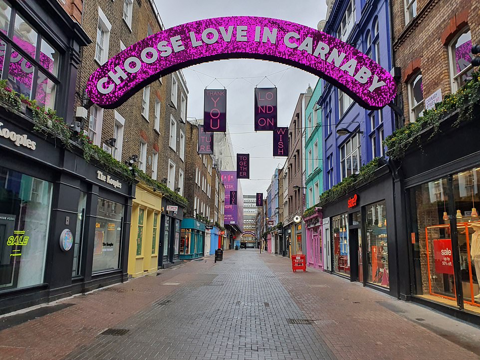 Deserted: Carnaby Street in Soho, London, at 11am today which would normally be packed