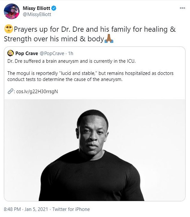 Fellow N.W.A. member Ice Cube took to Twitter to offer good will: 'Send your love and prayers to the homie Dr. Dre,' he wrote