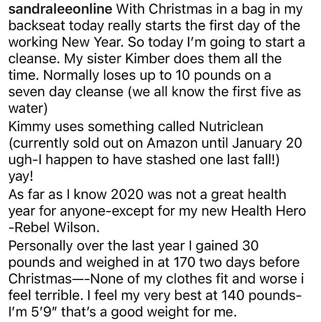 Getting there: The chef revealed in her post that she has already lost 10 pounds since December 25