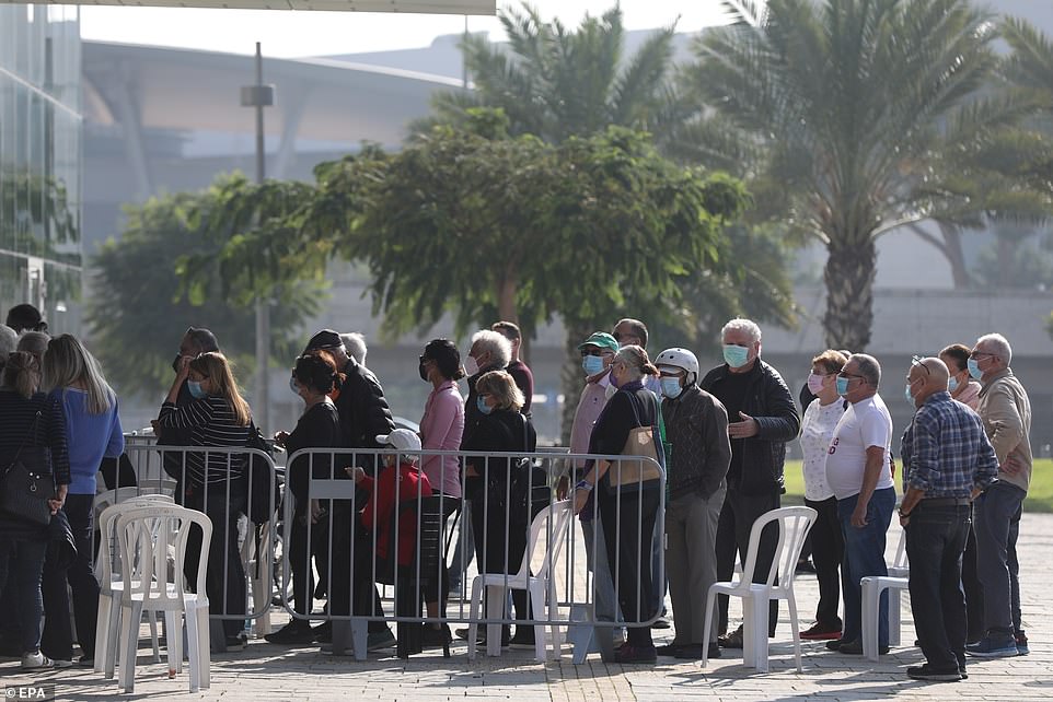Waiting in line: Israelis queue up to get the first dose of their vaccine at the Heichal Shlomo Sports Arena in Tel Aviv, which was turned into a massive immunisation centre. More than 100,000 Israelis between the ages of 20 and 40 have been vaccinated
