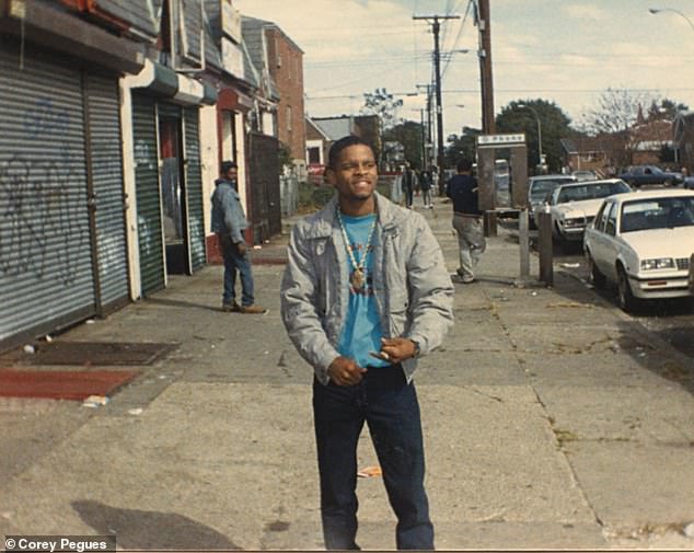 'We went from making a hundred dollars a day to thousands of dollars a day. I was in it for money, clothes, jewelry and girls,' Corey Pegues recalled in the documentary. Pegue is seen above in St. Albans, a neighborhood in Queens, in the mid-1980s. He told Gothamist: 'I started selling drugs at the age of 13 because I was just trying to eat and just stay fly. There was nothing else to do but sell drugs.' He later on became a NYPD police officer