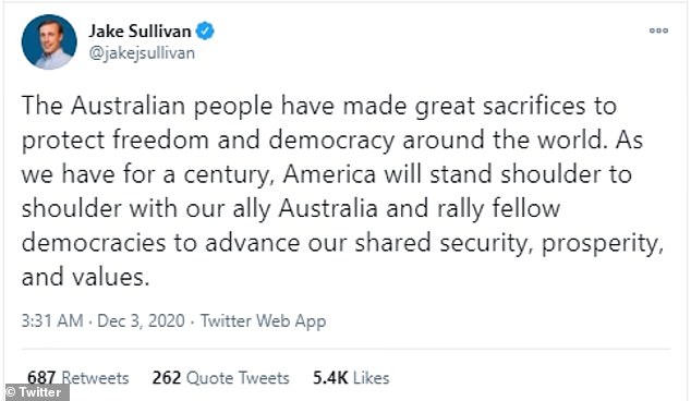 On 3 December Biden's new national security advisor Jake Sullivan, who has argued for a competitive approach to China, tweeted 'America will stand shoulder to shoulder with our ally Australia'
