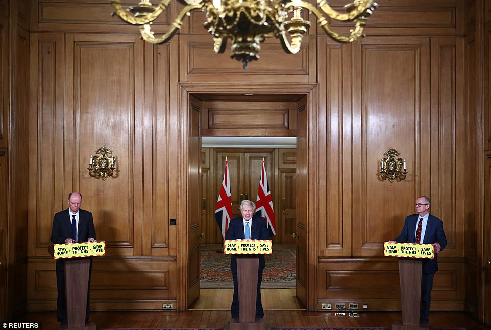 Boris Johnson was flanked at the press conference tonight by medical and science chiefs Chris Whitty (left) and Patrick Vallance (right) - whose warnings about the threat of the NHS being overwhelmed sparked the extraordinary U-turn to plunge England into new restrictions