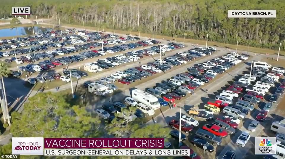 FLORIDA: Hundreds of seniors camped up in their cars overnight on Monday in Daytona Beach, Florida parking lot in order to get their first dose of the vaccine. In Florida, where officials have put senior citizens ahead of many essential workers for getting the vaccine. Image courtesy of NBC
