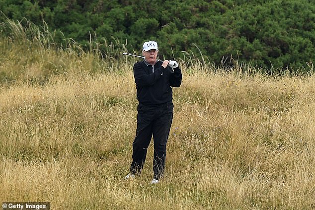 Trump plays a round of golf at Trump Turnberry Luxury Collection Resort during the U.S. President's first official visit to the United Kingdom on July 15, 2018 in Turnberry, Scotland