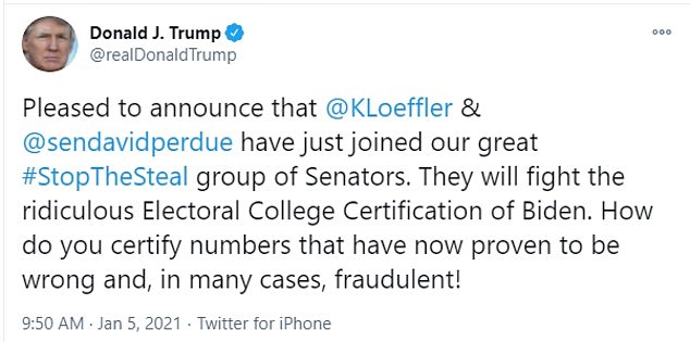 Trump lauded Loeffler and Perdue on Tuesday for joining a GOP effort in the Senate to challenge the Electoral College results in the joint session certifying the election for Joe Biden on January 6