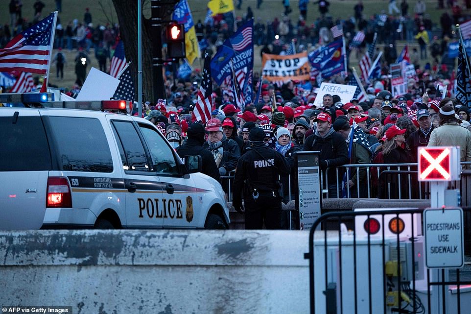 The United States Secret Service and other law enforcement officials are seen near a barricade separating them from the crowd of demonstrators