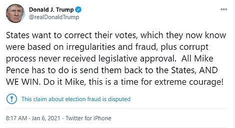 Trump railed against 'voter fraud' and 'corruption' on Twitter Wednesday morning, demanding Vice President Mike Pence stop Congress from certifying Electoral College results
