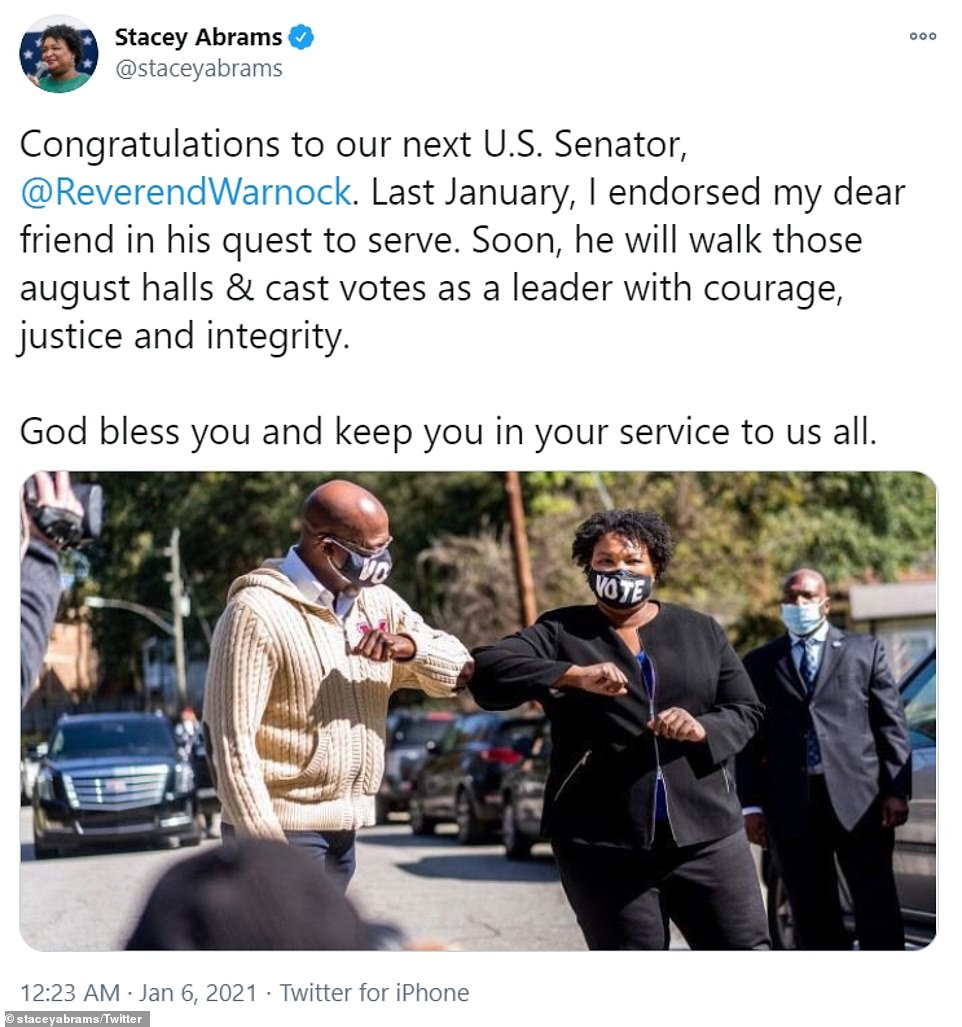 Stacey Abrams tweeted her congratulations to Rev. Raphael Warnock before the race was called for him by the networks