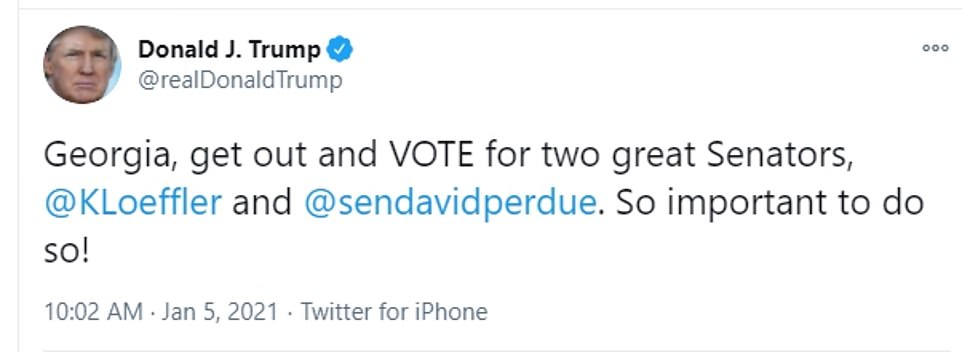 Trump pleaded with Georgians to vote for Loeffler and Perdue in a tweet Tuesday morning: 'So important to do so!' he urged