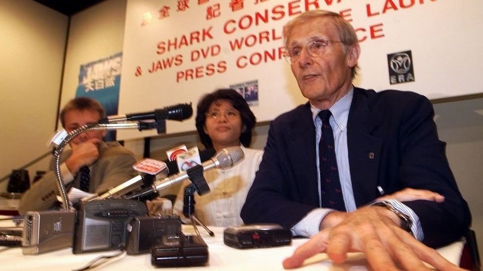 Peter Benchley at a press conference in Hong Kong