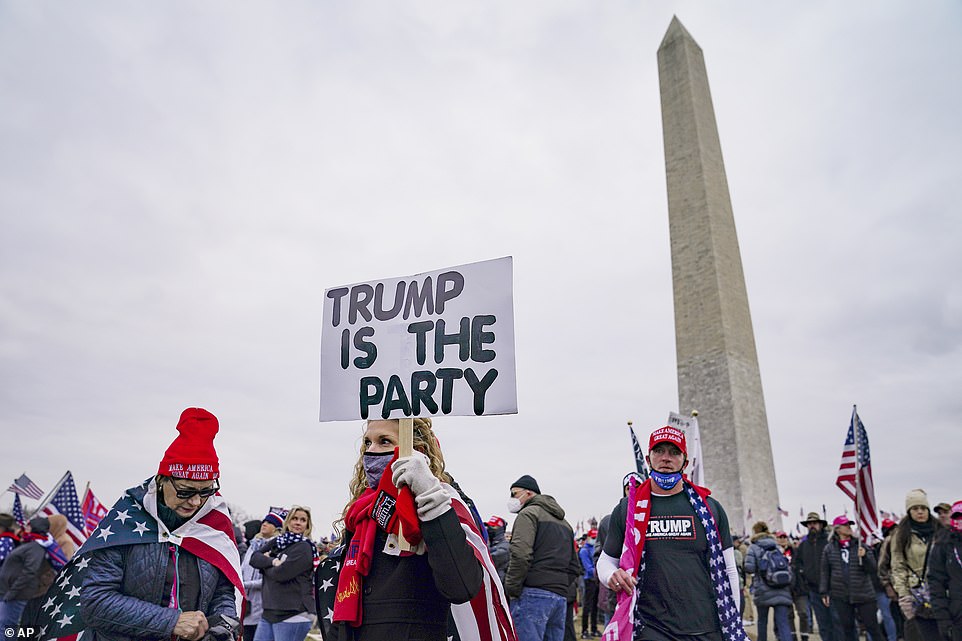 A woman is seen holding a sign that reads 'Trump is the party' as the president's supporters gather on the Washington Monument grounds
