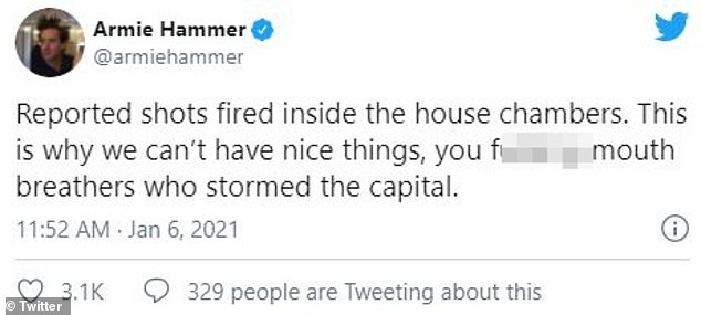 Actor Armie Hammer said, 'This is why we can’t have nice things, you f***ing mouth breathers who stormed the capital'