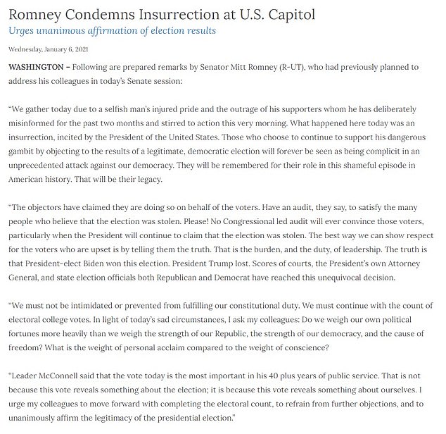 Romney condemned his Republican colleagues in Congress in a Wednesday statement, writing: 'The objectors have claimed they are doing so on behalf of the voters. Have an audit, they say, to satisfy the many people who believe that the election was stolen. Please! No Congressional led audit will ever convince those voters, particularly when the President will continue to claim that the election was stolen'