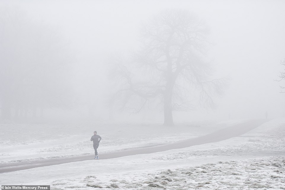 Snow lay on the ground as fog blanketed Tatton Park in Cheshire this morning on a freezing cold morning across Britain