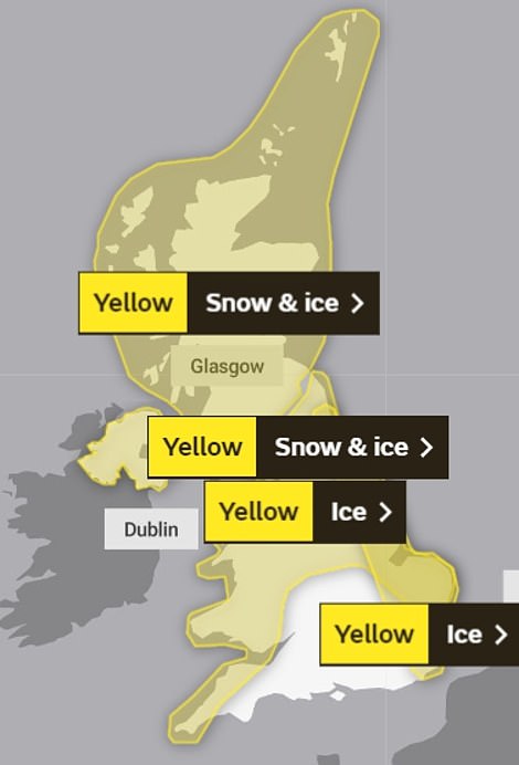 Weather warnings for ice and snow cover most of the UK today