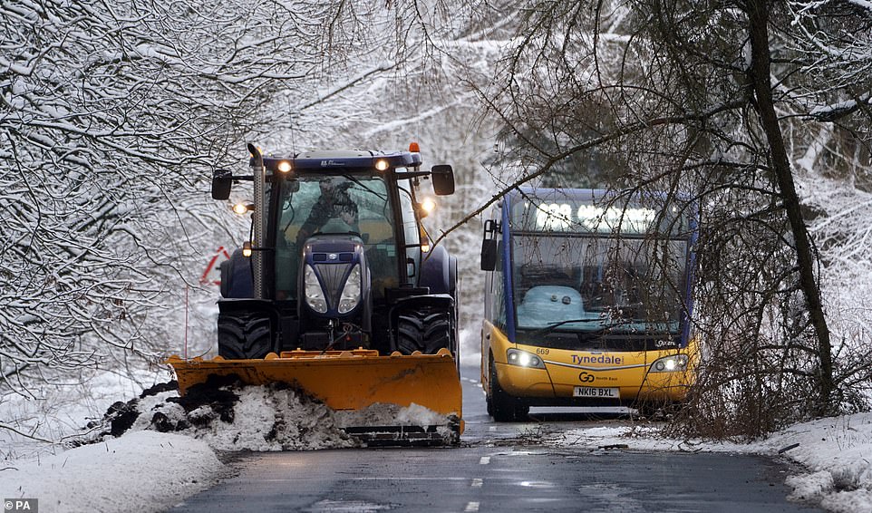Tractors are out clearing roads along the North Pennines in Northumberland, where temperatures dipped to -9C overnight, to ensure buses and other vehicles can travel safely
