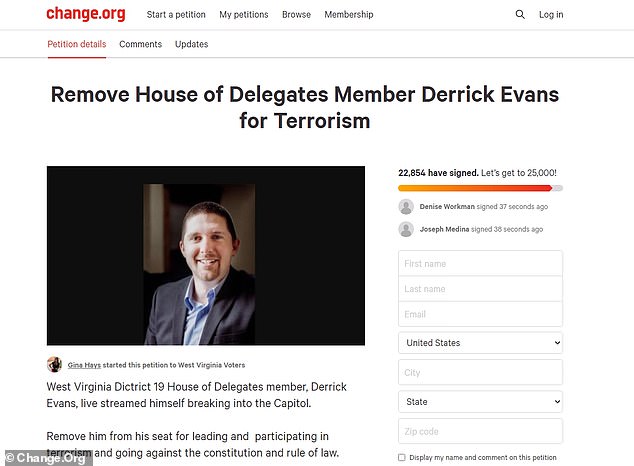 An online petition demanding that Evans be removed from the House of Delegates for ¿terrorism¿ generated more than 22,800 digital signatures as of Thursday morning