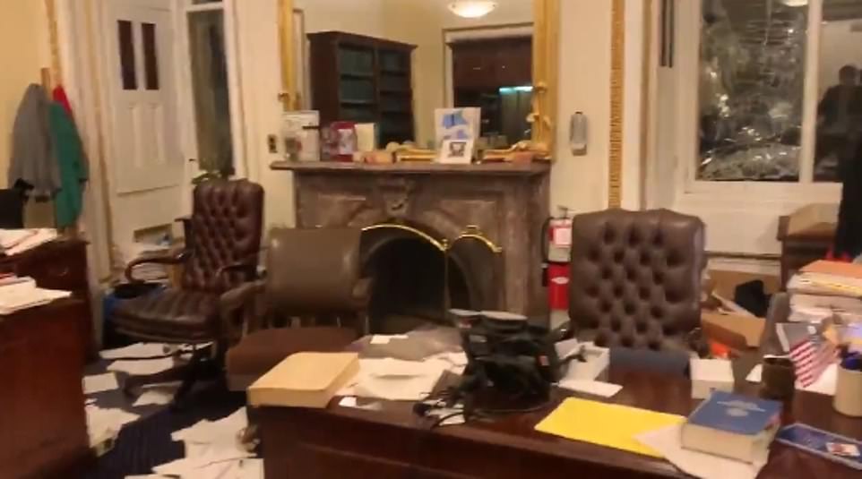 Footage from inside the offices of the Senate Parliamentarian, Elizabeth MacDonough, shows how the furious Trump supporters ripped open her filing cabinets, broke windows and trashed furniture after they forced their way inside