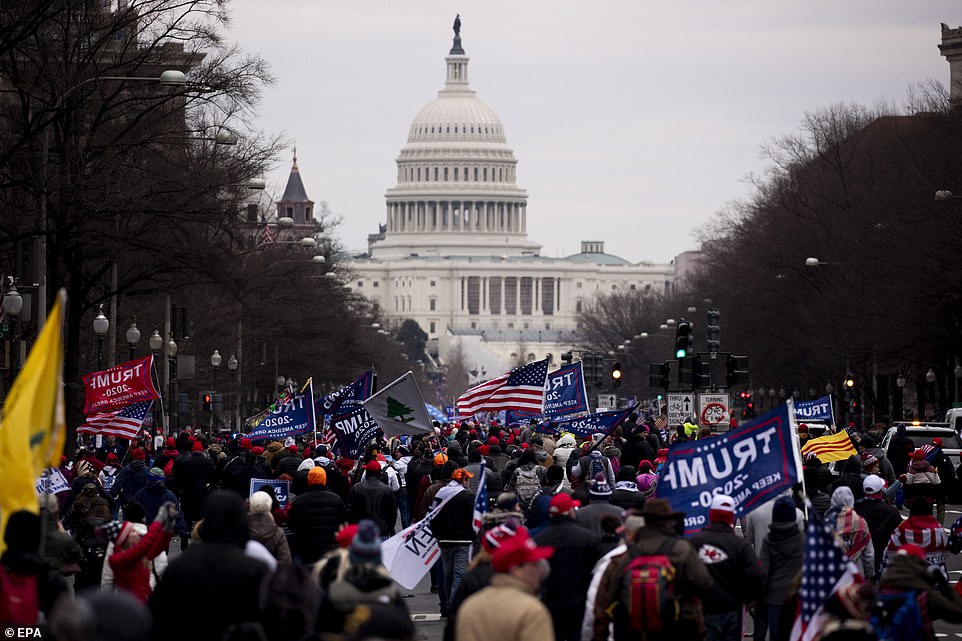 Trump's supporters surged across the National Mall towards the Capitol, as the president retreated in his motorcade to watch the chaos on television in the White House
