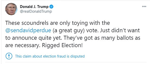 Mad: Trump tweeted bitterly throughout Wednesday night as dawn broke on the likelihood of a split Senate 50-50, with Vice President-elect Kamala Harris holding the tie-breaking vote