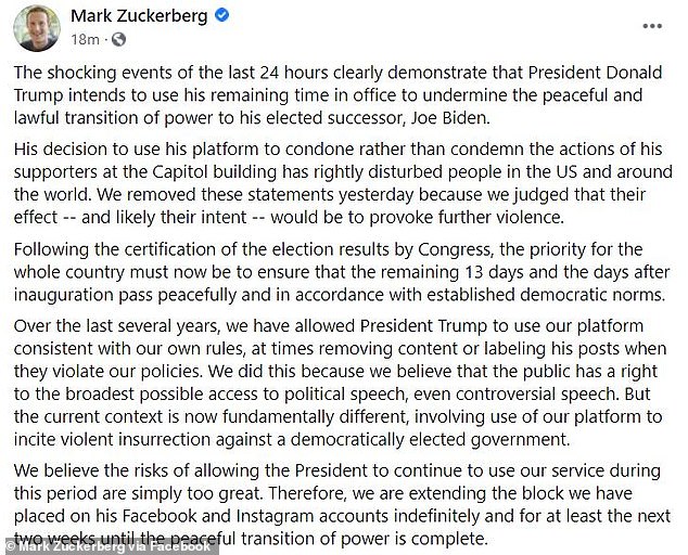 In an extraordinary post, Zuckerberg accused Trump of using Facebook ‘to incite violent insurrection against a democratically elected government’