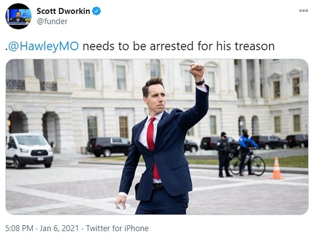 Democratic Coalition co-founder Scott Dworkin said Hawley 'needs to be arrested for his treason'