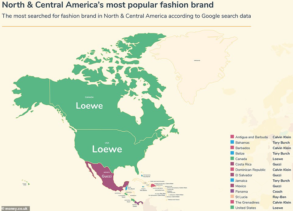 The North and Central America map shows that Loewe is the most-searched-for brand in the USA and Canada - while in Mexico it's Gucci