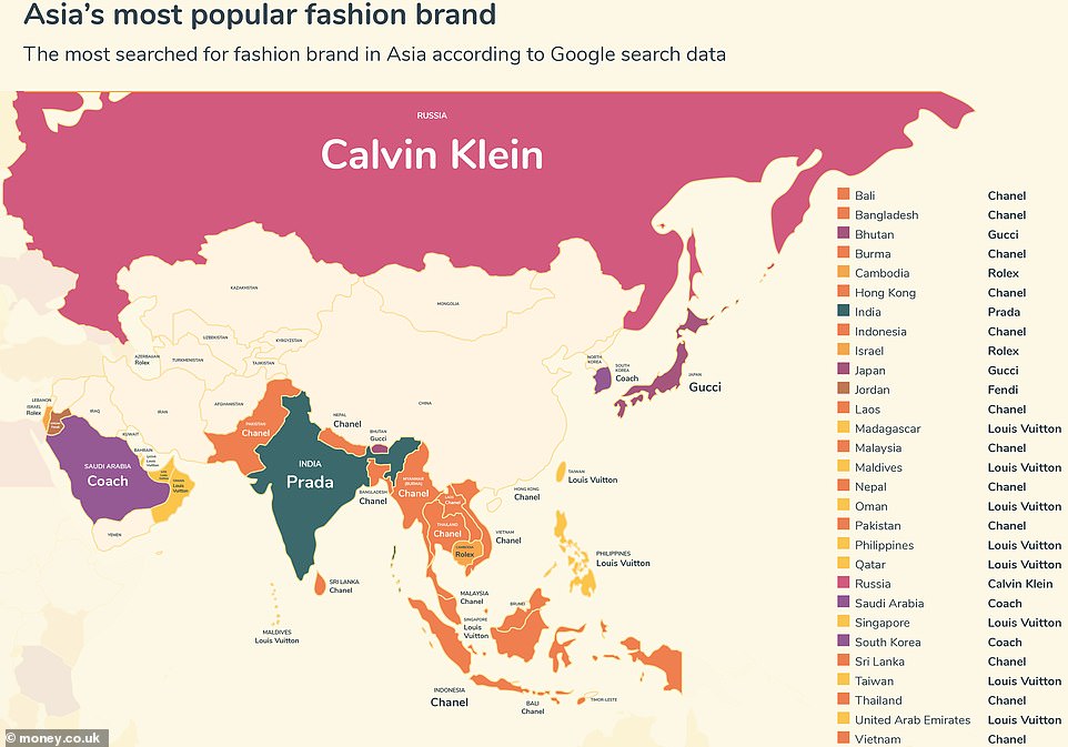 The Asia map shows that Louis Vuitton tops the fashion charts in Qatar, the United Arab Emirates and Oman. Chanel is number one in Bali, Vietnam and Indonesia, whereas India is the only country to have Prada as its most popular fashion house