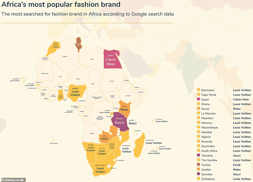 In Africa, it's Louis Vuitton that comes out on top in most countries but the most-searched-for fashion brand in Egypt is Calvin Klein, while in Tunisia it is Fendi