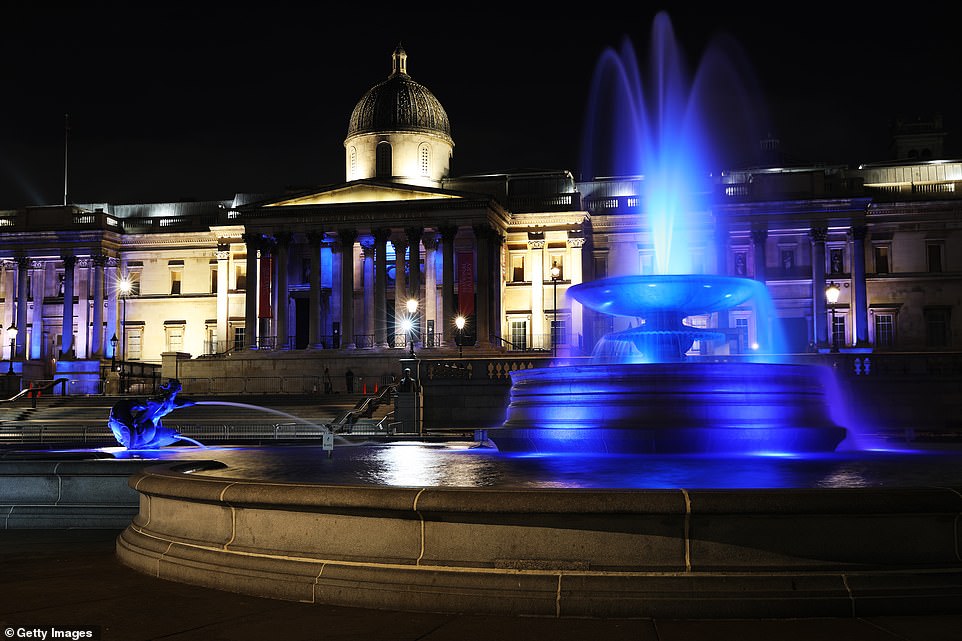 Meanwhile in Trafalgar Square, a blue light shone on the fountain in a gesture of thanks to the NHS workers and volunteers working on the frontline