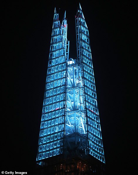 The Shard in London is illuminated in blue