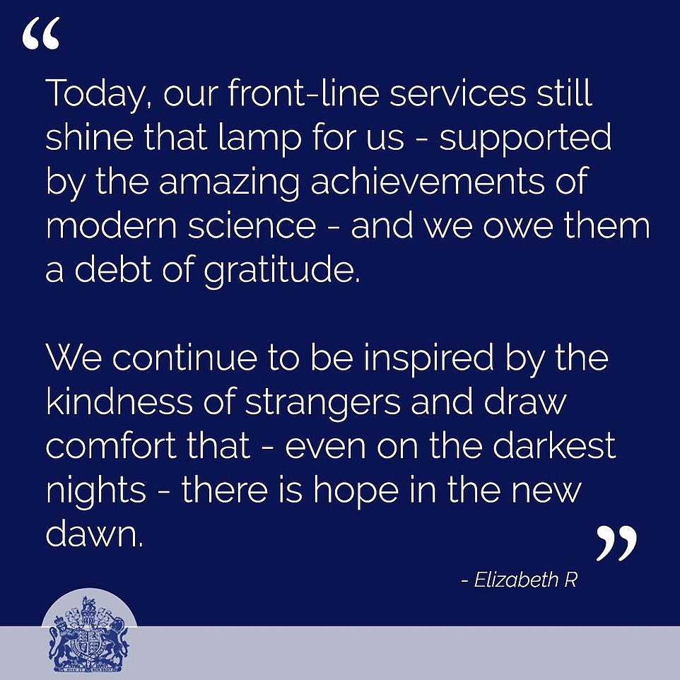 The Royal family's Instagram account posted a message quoting the Queen's Christmas speech in which she said 'our frontline services still shine that lamp for us'