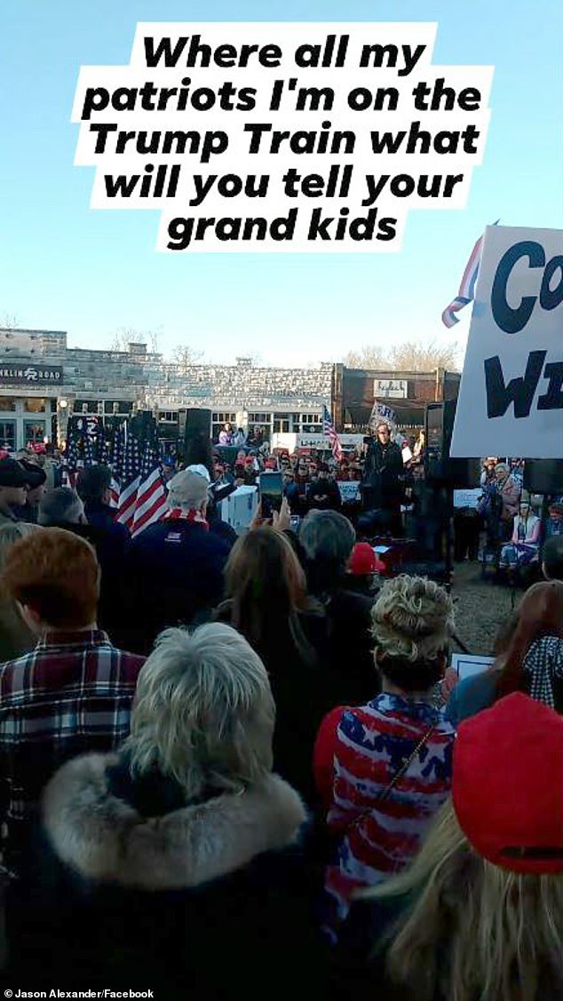 Jason wrote on Facebook: 'DC. Millions showed up.' He also posted a video, writing: 'Where all my patriots I'm on the Trump Train what will you tell your grandkids'