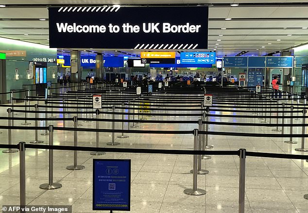 Boris Johnson confirmed earlier this week a requirement for arrivals to have tested negative will be introduced, amid alarm at the spread of new variants around the world. Pictured, border control at Heathrow Airport