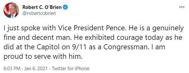 The National Security Advisor had tweeted his praise for Pence's handling of the situation